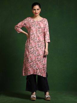 Jaipur Kurti - Pink Floral Straight Kurta