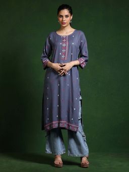 Jaipur Kurti - Grey Embroidered Straight Kurta