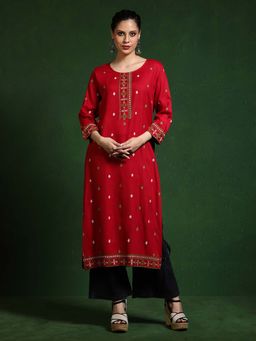 Jaipur Kurti - Maroon Embroidered Straight Kurta