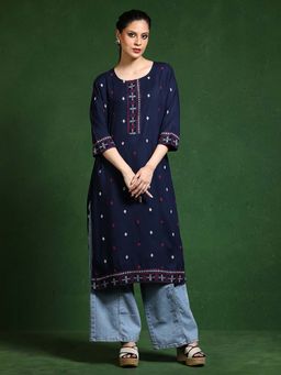 Jaipur Kurti - Navy Blue Embroidered Straight Kurta