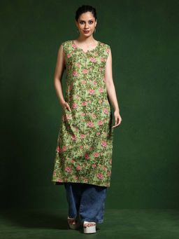 Jaipur Kurti - Green Floral Printed Straight Kurta