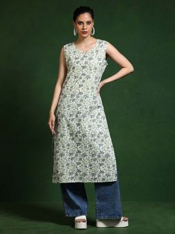 Jaipur Kurti - Green Floral Printed Straight Pure Cotton Kurta