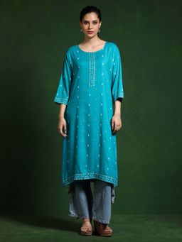 Jaipur Kurti - Turquoise Floral Printed A-Line Kurta