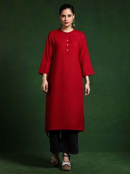 Jaipur Kurti - Maroon Solid Mandarin Collar Straight Kurta