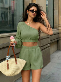 Miakee - Green Solid/Plain Polyester Blend Co-Ord Set