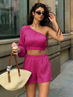 Miakee - Magenta Solid/Plain Polyester Blend Co-Ord Set