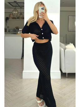 Miakee - Black Textured Polyester Blend Co-Ord Set