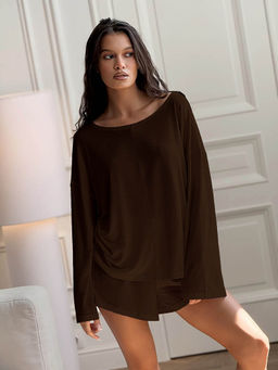 Miakee - Brown Solid/Plain Polyester Blend Co-Ord Set
