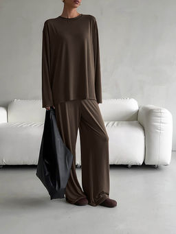 Miakee - Brown Solid/Plain Polyester Blend Co-Ord Set