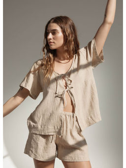 Miakee - Cream Solid/Plain Polyester Blend Co-Ord Set