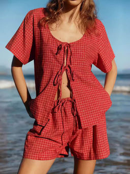 Miakee - Red Checks Polyester Blend Co-Ord Set
