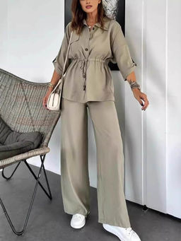 Miakee - Green Solid/Plain Polyester Blend Co-Ord Set
