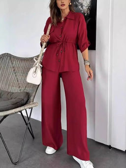 Miakee - Red Solid/Plain Polyester Blend Co-Ord Set