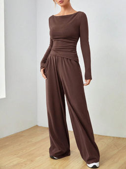 Miakee - Brown Solid/Plain Polyester Blend Co-Ord Set
