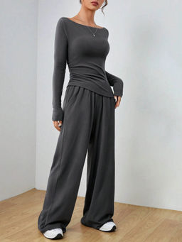 Miakee - Grey Solid/Plain Polyester Blend Co-Ord Set