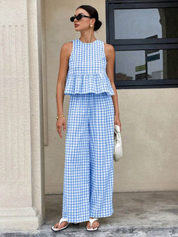 Miakee - Blue Checks Polyester Blend Co-Ord Set
