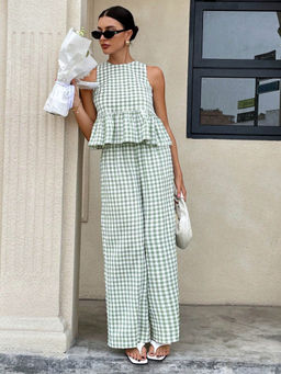 Miakee - Green Checks Polyester Blend Co-Ord Set