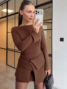 Miakee - Brown Solid/Plain Polyester Blend Co-Ord Set
