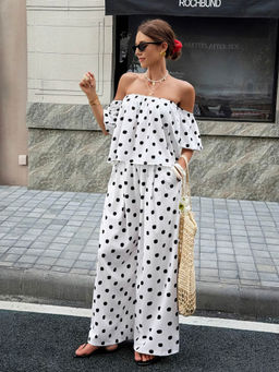 Miakee - White Polka Dots Polyester Blend Co-Ord Set