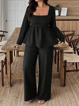 Miakee - Black Solid/Plain Polyester Blend Co-Ord Set