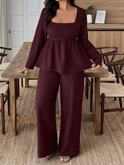 Miakee - Maroon Solid/Plain Polyester Blend Co-Ord Set