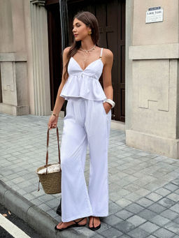 Miakee - White Solid/Plain Polyester Blend Co-Ord Set