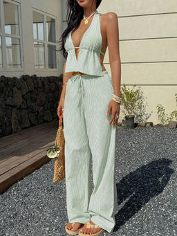 Miakee - Green Solid/Plain Polyester Blend Co-Ord Set