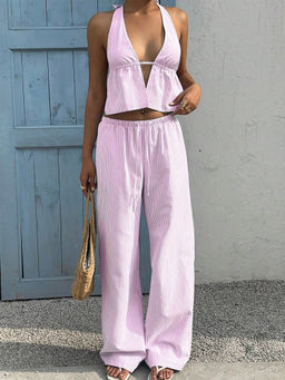 Miakee - Pink Solid/Plain Polyester Blend Co-Ord Set