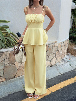 Miakee - Yellow Solid/Plain Polyester Blend Co-Ord Set