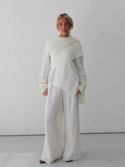 Miakee - White Solid/Plain Polyester Blend Co-Ord Set