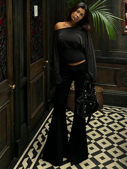 Miakee - Black Solid/Plain Polyester Blend Co-Ord Set