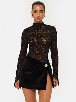 Miakee - Black Textured Polyester Blend Top with Skirt