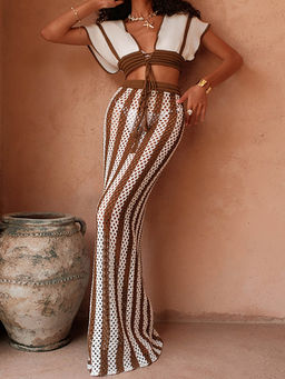 Miakee - Brown Stripes Polyester Blendcrop Top with Skirt