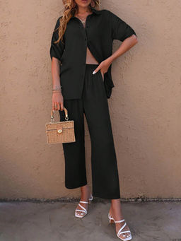 Miakee - Black Solid/Plain Polyester Blend Co-Ord Set