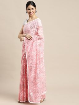 Vastranand - Peach-Coloured & White Floral Sequined Saree with Unstitched Blouse
