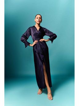 EMBLAZE - Navy Blue Mashru Draped Maxi Dress