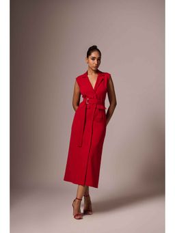 EMBLAZE - Red formal Solid Dress with Tie Up Belt (Set of 2)