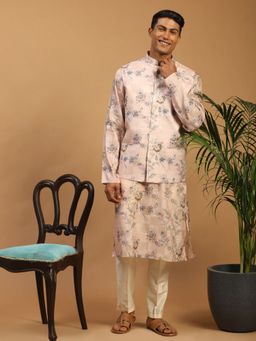 Vastramay - Men Multicolour-base-peach Cotton Blend Jacket, Kurta And Pyjama (Set of 3)