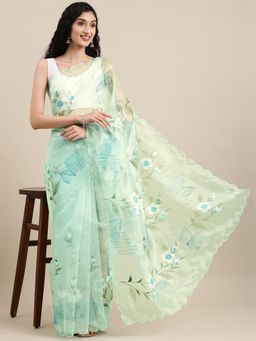 Vastranand - Green Floral Organza Saree with Unstitched Blouse
