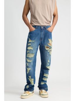 FREAKINS - Men Heavy Distress Blue Straight Jeans