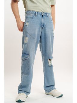 FREAKINS - Men Mid Distress Blue Relaxed Jeans