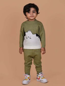 Mama & Peaches - Green Cute Kitten Knitted Sweatshirt and Jogger (Set of 2)