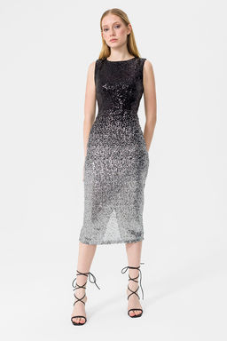 Sateen - Black-Silver Sequined Pattern Dress