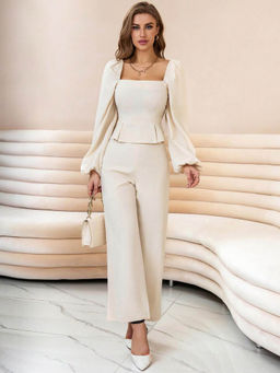 KOTTY - Womens Beige Solid Relaxed Fit Full Sleeve Top and Trouser (Set of 2)