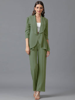 KOTTY - Womens Green Solid Relaxed Fit Trouser with Blazer (Set of 2)