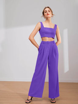 KOTTY - Womens Purple Solid Relaxed Fit Trouser with Sleeveless Top (Set of 2)