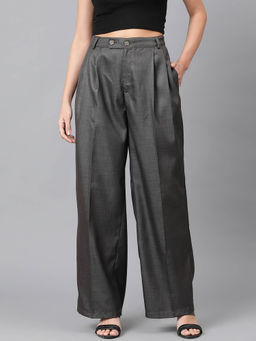 KOTTY - Womens Dark Grey High Rise Cotton Blend Relaxed Fit Korean Trouser