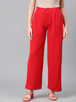 KOTTY - Womens Red High Rise Cotton Blend Relaxed Fit Trouser