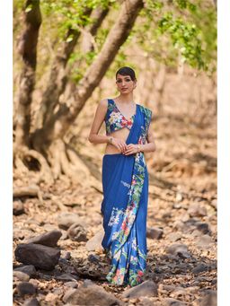 Nirmooha - Blue Linear Luxe Floral Saree with Stitched Blouse and Petticoat