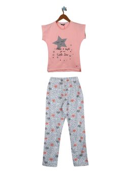 Monte Carlo - Girls Cotton Blend Printed Peach, Acru T-Shirt and Track Pants (Set of 2)